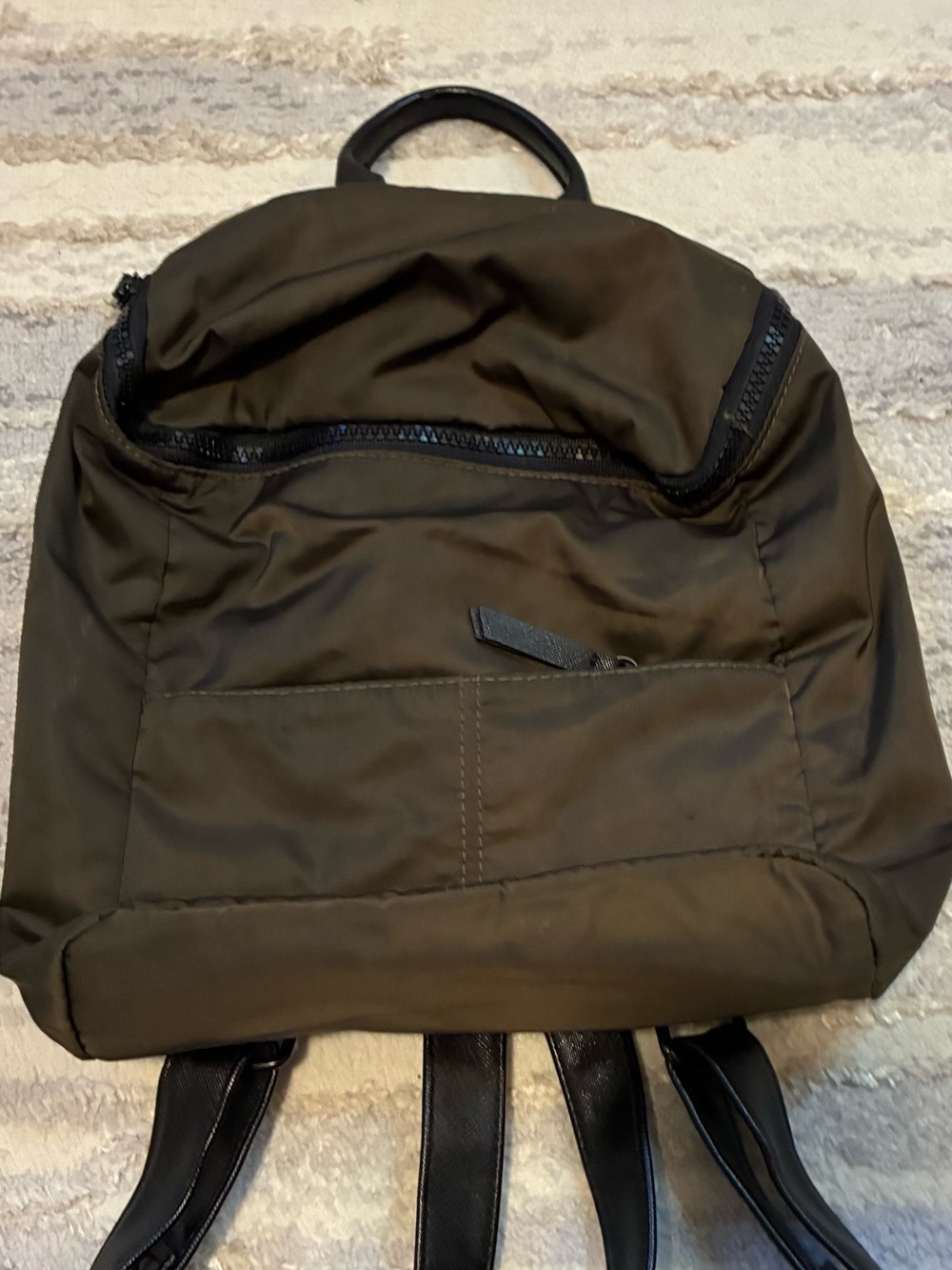 Mossimo Supply Co. nylon backpack olive green/brown. lightweight, leather straps